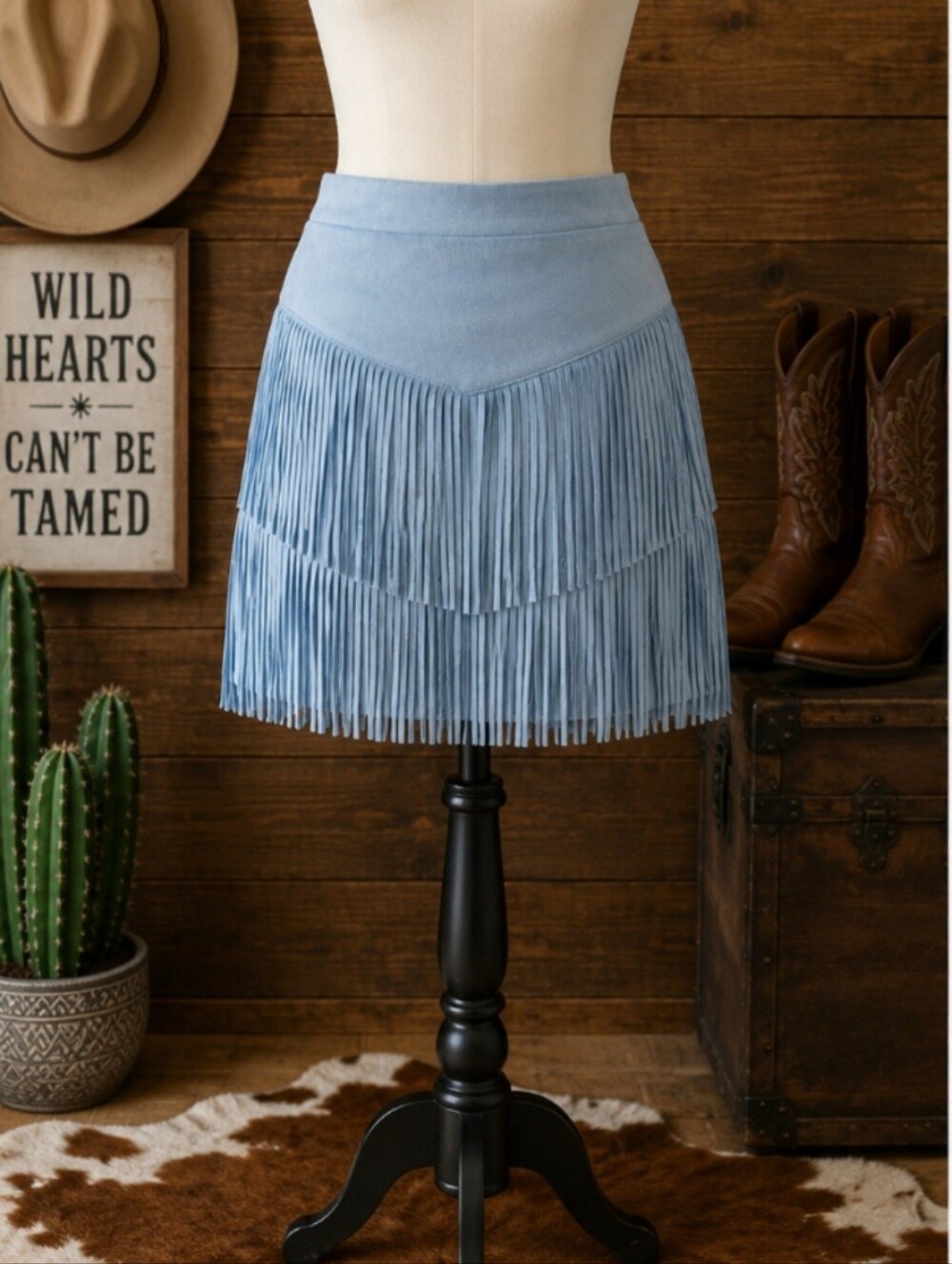 Mi Ami for Francesca's Blue Faux Suede Fringe Mini Skirt Western Cowgirl Size M
